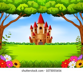 vector illustration of Castle towers in the field scenery