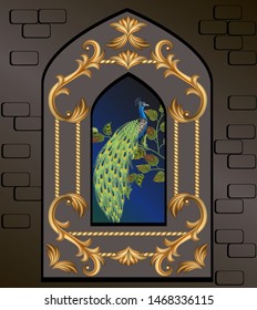 Vector illustration of the castle Window vintage vintage interior decoration option fabulous stone castle bird peacock sitting on a branch Golden decoration, frame