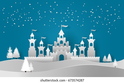 vector illustration of castle in winter. paper art style