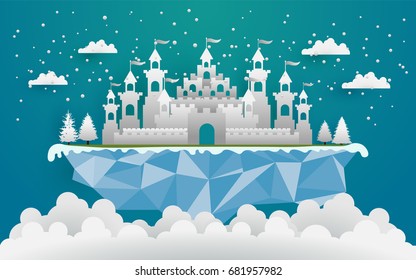 vector illustration of castle in winter. paper art style. castle in iceland