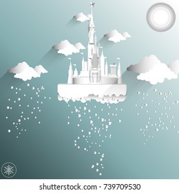 vector illustration of castle in winter. paper art style. the big castle