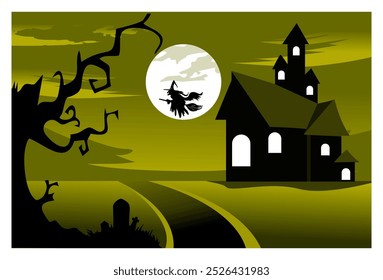 Ilustración vectorial del castillo y del fondo de la bruja en luna llena con el cielo nocturno claro. conveniente para los fondos, los Anuncios, los anuncios, las decoraciones de la pared, las pantallas de visualización.