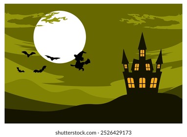 
Ilustración vectorial del fondo de la silueta del castillo y de la bruja en luna llena con el cielo nocturno claro. conveniente para los fondos, los Anuncios, los anuncios, las decoraciones de la pared, las pantallas de visualización.