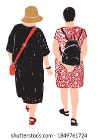 Vector illustration of casual city women strolling on summer day