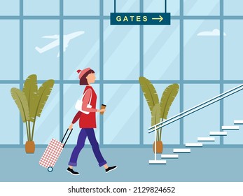 Ilustración vectorial con ropa informal caminando por la terminal del aeropuerto con una gran bolsa sobre ruedas y un vaso de café en las manos. Concepto de viajes y turismo