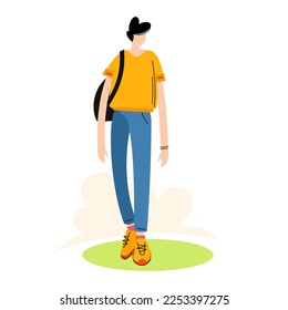 Ilustración vectorial de un hombre casual con mochila sobre fondo de color blanco. Diseño de estilo de arte de línea plana para hombre para web, sitio, banner, afiche, impresión