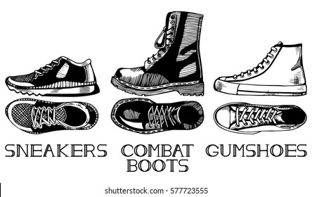 Vector illustration of casual shoes set in old fashioned vintage engraving style top and side view. Sneakers, Gumshoes, combat boots