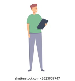 Ilustración vectorial de un joven casual de pie y sosteniendo una tableta digital