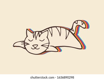 Vector Illustration of Cat Animal with Vintage Rainbow Style. This Is Good For Poster, Background and Shirt Design.