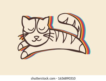 Vector Illustration of Cat Animal with Vintage Rainbow Style. This Is Good For Poster, Background and Shirt Design.