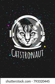 Vector illustration of a cat astronaut in cosmic helmet surrounded by the space and stars. Ink hand drawn illustration.