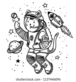Vector illustration. Cat astronaut soaring in space. Comic style illustration.