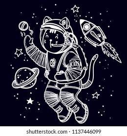 Vector illustration. Cat astronaut soaring in space. Comic style illustration.