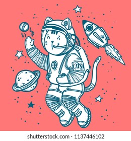 Vector illustration. Cat astronaut soaring in space. Comic style illustration.