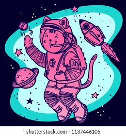 Vector illustration. Cat astronaut soaring in space. Comic style illustration.