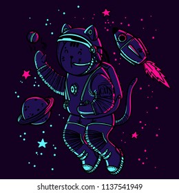 Vector illustration. Cat astronaut soaring in space. Comic style illustration.