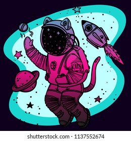 Vector illustration. Cat astronaut soaring in space. Comic style illustration.