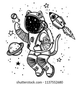 Vector illustration. Cat astronaut soaring in space. Comic style illustration.