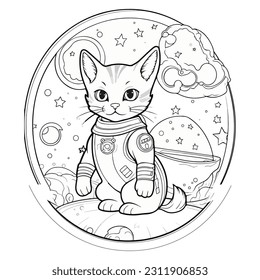 Vector illustration cat a astronaut  in space coloring book for kids and adults black and white isolated on white background.