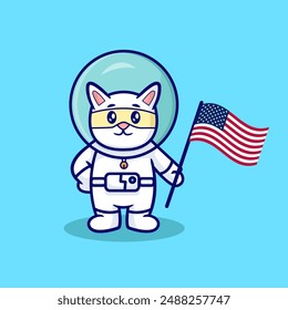 vector illustration of cat astronoaut with flag usa