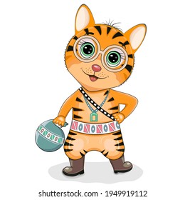 Vector illustration of a cat with a bag in his boots. Isolated on a white background.
