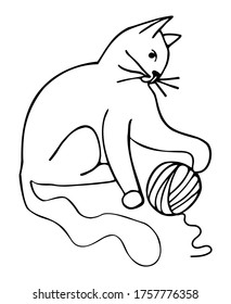 Vector illustration - cat with a ball of thread;  the cat is playing. Logo design for a thread store