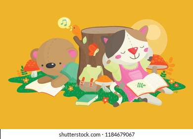 Vector illustration of cat and bear relaxing on ground and reading in the woods