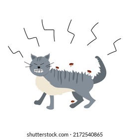 Vector Illustration Of A Cat Being Attacked By Fleas. The Cat Itches. Parasite Infestation. Kitten And Flea.