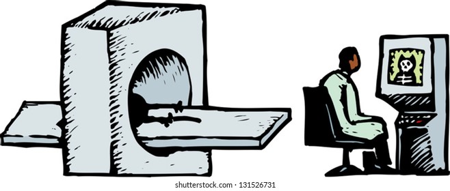 Vector illustration of cat being scanned in hospital