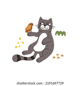 Vector illustration with a cat and a bird isolated on a white background. Modern vector illustration in hand drawn style.