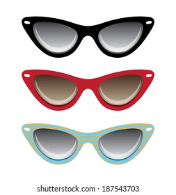 Vector illustration of cat black, red and blue eyeglasses