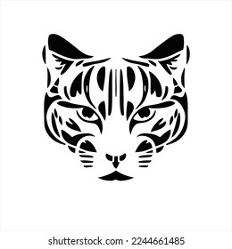 Vector illustration Cat, Black silhouette. . A black and white cat's face with a pattern on it's face, on a white background