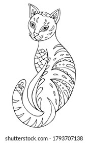 Ilustración vectorial del gato. Ilustración vectorial en blanco y negro para el libro de colorear. Bonitos dibujos con patrones y pequeños detalles. 