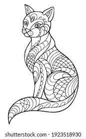 Vector Illustration of cat. Black and white vector illustration for coloring book. Beautiful drawings with patterns and small details. 