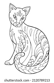 Vector Illustration of cat. Black and white vector illustration for coloring book. Beautiful drawings with patterns and small details. 