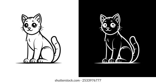 Ilustração vetorial de um gato em versões em preto e branco, destacando contraste e design