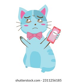Vector illustration cat blue hold calculator on a white background. Cute kitten in cartoon style. for postcard, banner, web, design, arts