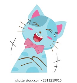 Vector illustration cat blue laughing joyfully. Cute kitten in cartoon style. for postcard, banner, web, design, arts