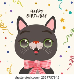 Vector illustration of a cat with a bow and the inscription happy birthday