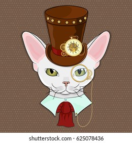 Vector illustration. Cat breeds Devon Rex in the style of steam punk. A cat dressed in a Victorian style with mechanical accessories.