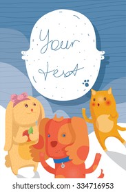 Vector illustration with cat, bunny and dog smiling. Blue template with oval  frame for your text.