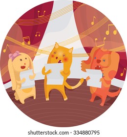 Vector illustration with cat, bunny and dog singing in a chorus together. Animals standing on a stage. Isolated on white in circle.