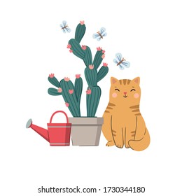 Vector illustration with cat, cactus, watering can and butterflies. Flat design. Great for postcards, prints, posters, stickers, etc.