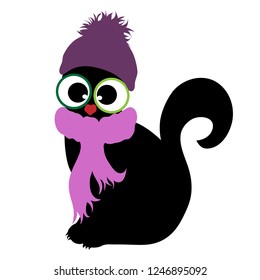 Vector illustration of cat with cap and scraf on white background.