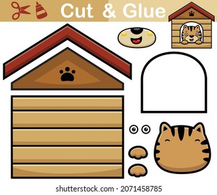 Vector illustration of cat cartoon in it cage. Education paper game for children. Cutout and gluing
