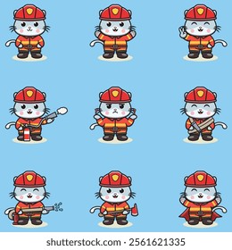 Vector Illustration of Cat cartoon with Firefighter costume. Set of cute Cat characters. Collection of funny Cat isolated on a white background.