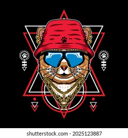 Vector Illustration of cat cartoon with vintage retro hip hop rapper style in geometric black background. Good for logo, mascot, badge, emblem, banner, poster, flyer, social media, shirt