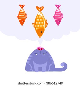 Vector illustration of cat character looking up and dream about fish on white background. Hand draw humor sea food concept. Cat and fish flat art design for web, site, banner, poster, print and card