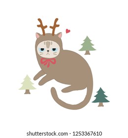 Vector illustration: a cat with christmas tree. Christmas is coming.