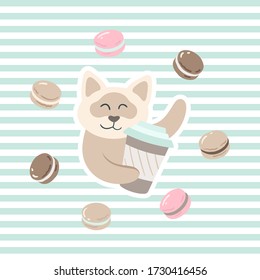 Vector illustration of a cat with coffee in a circle of macaroons on a striped background. Design element for t-shirt print, branding, sticker, logo, art for business and personal projects